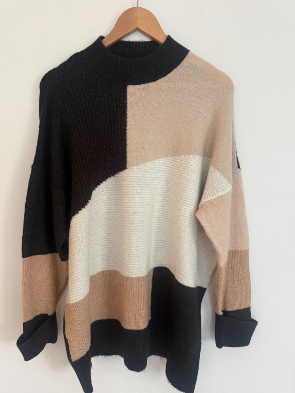 Suzy Shier Women Brown Color Block Oversized Pullover Sweater Top Size XL